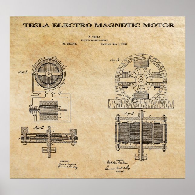 PÓSTER PATENTE DE MOTOR MAGNÉTICO ELECTRO DE TESLA 1888 (Frente)