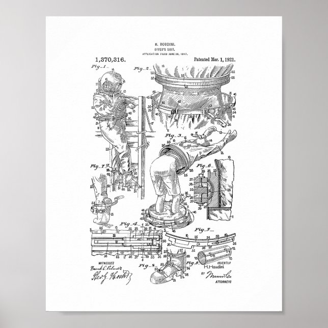 Póster Patente de traje de Harry Houdini Diver (Frente)