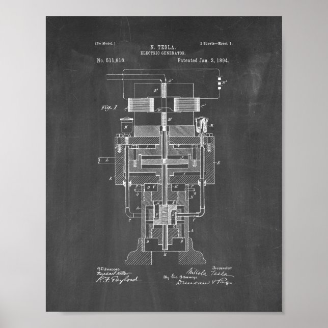Póster Patente del generador eléctrico Tesla - Chalkboard (Frente)