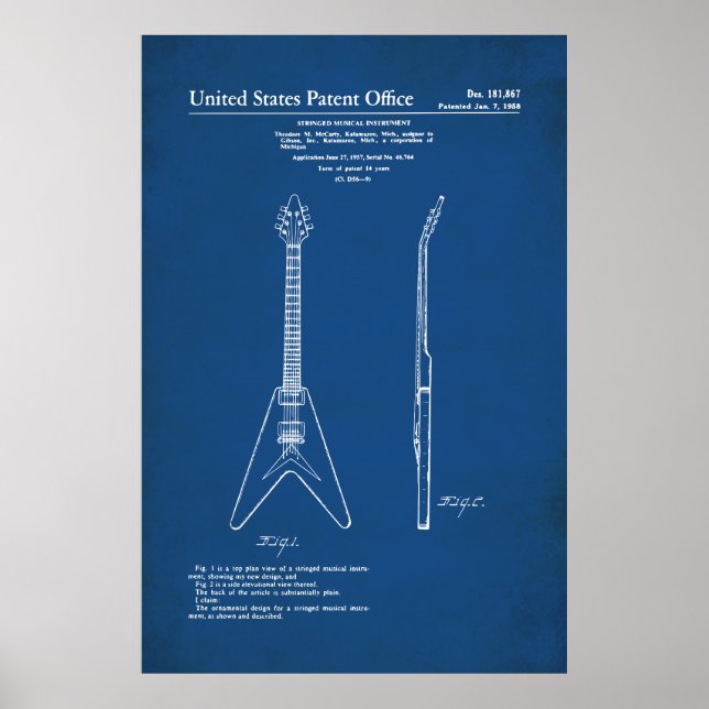 Póster Patente estadounidense - Gibson Flying V (Frente)