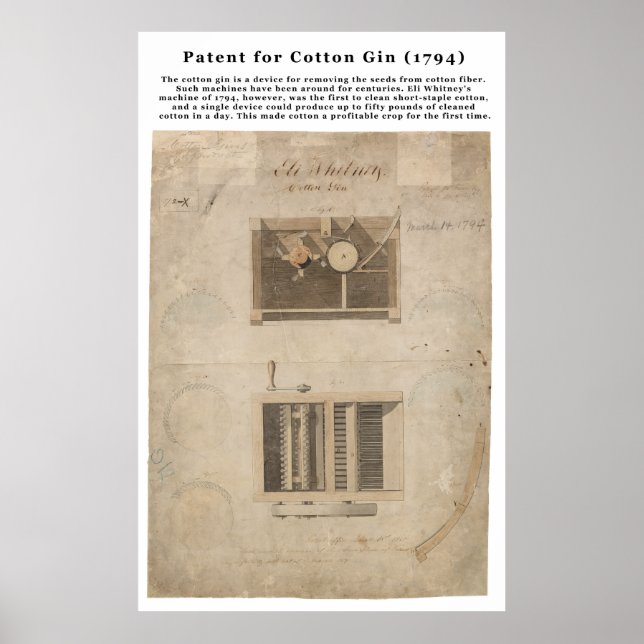 Póster Patente ORIGINAL para el algodón (1794) (Frente)