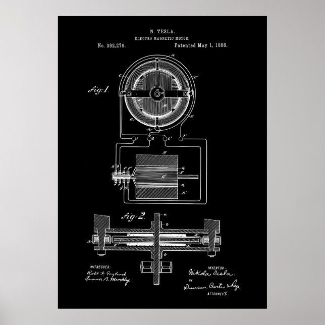 Póster Patente Tesla Electro-Magnético Motor 1888 (Frente)