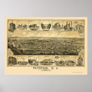 Póster Paterson, NJ Panoramic Map - 1880