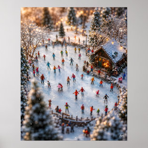 Póster Patinaje sobre hielo en estanque helado en miniatu
