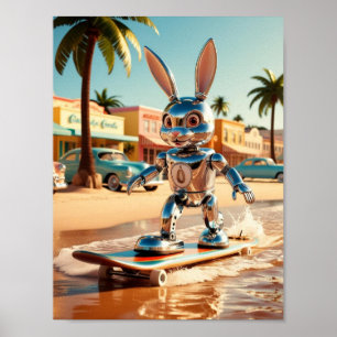 Póster patinaje sobre ruedas de conejo en la playa
