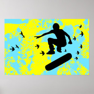 Póster patineta con pájaros