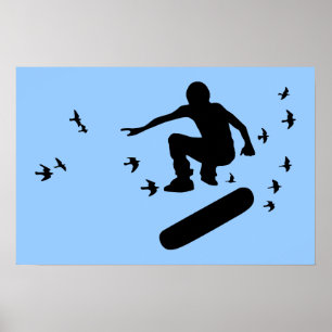 Póster patineta con pájaros