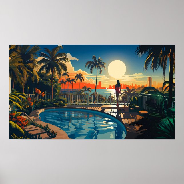 Póster Patio de piscina al amanecer con vistas a Miami Be (Frente)