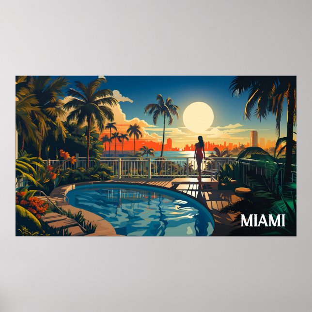 Póster Patio de piscina al amanecer con vistas a Miami Be (Frente)