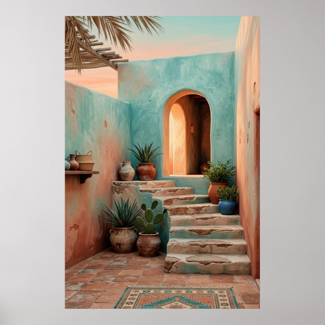 Póster Patio desértico turquesa boho, escalera rústica (Frente)