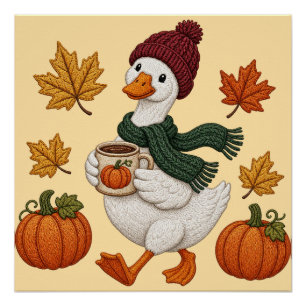 Póster Pato acogedor de otoño con hojas de café de calaba