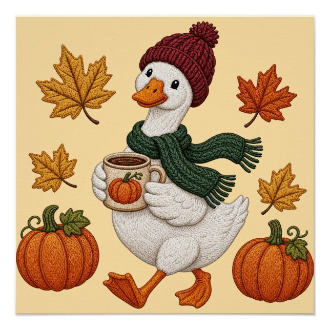Póster Pato acogedor de otoño con hojas de café de calaba (Anverso)