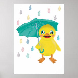 Póster Pato Adorable Con Paraguas En Lluvia De Arcoíris