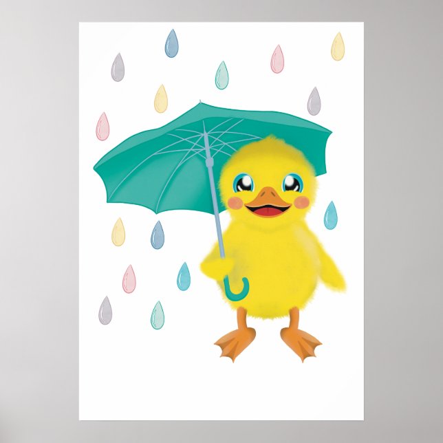 Póster Pato Adorable Con Paraguas En Lluvia De Arcoíris (Frente)