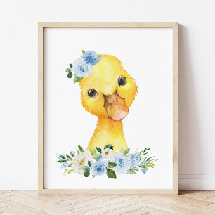 Póster Pato, Animales De Granja, Flores Azules, Guardería