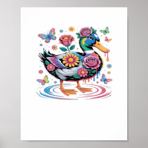 Póster Pato colorido de fantasía con flores y mariposas