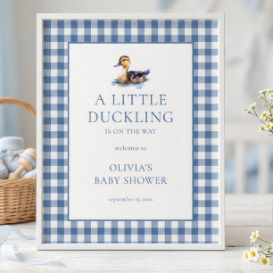 Póster Pato Mallard de Gingham Azul Bienvenido al Baby Sh