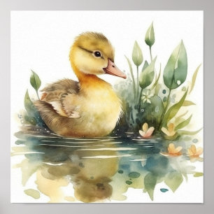 Póster Pato pequeño, pato en una acuarela de estanque