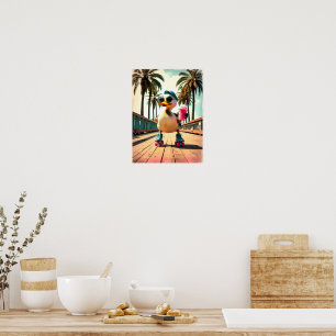 Póster Pato Retro Divertido de Verano con Patines 