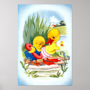 Póster Pato y pollito van a nadar