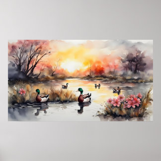 Póster Patos en el lago