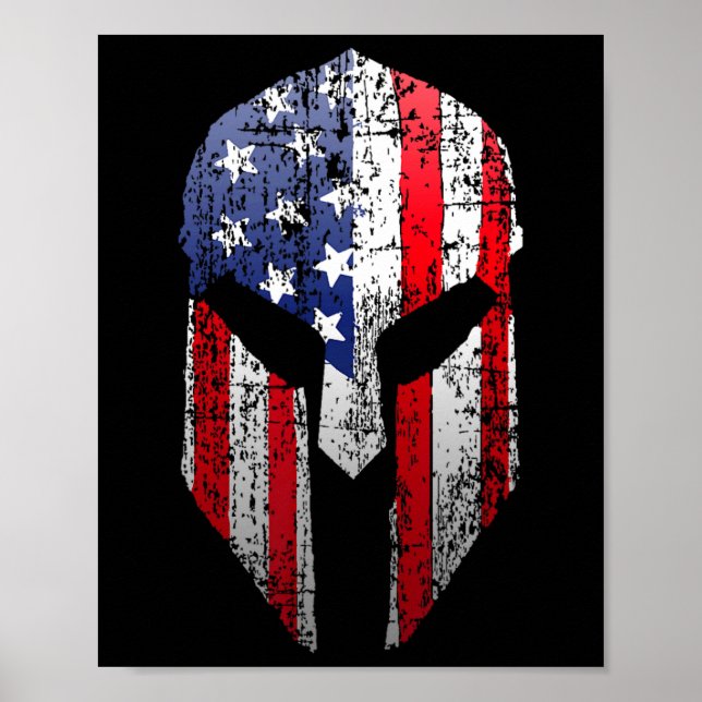 Póster Patriotic American Spartan Warrior Usa Flag Helmet (Frente)