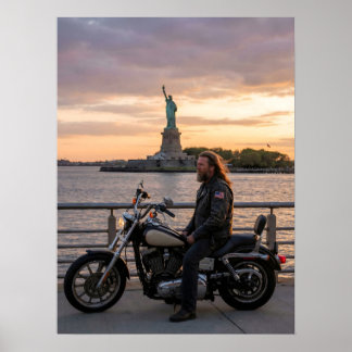 Póster Patriotic Biker Statue of Liberty Sunset Waterside