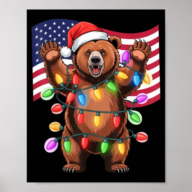 Póster Patriotic Christmas Grizzly Bear Holiday Light San (Frente)