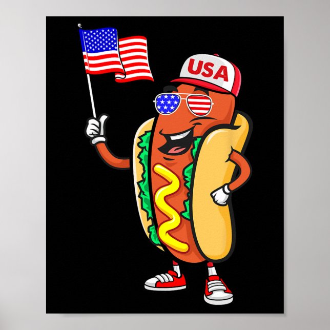 Póster Patriotic Hot Dog American Flag Usa Funny 4th Of J (Frente)