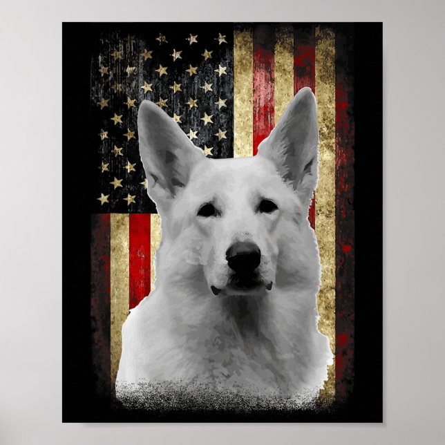 Póster Patriotic White German Shepherd Flag American Usa  (Frente)