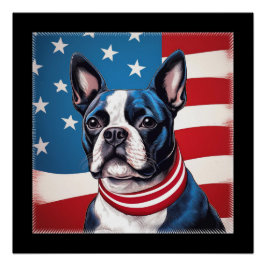 Póster Patriótico Boston Terrier con bandera estadouniden