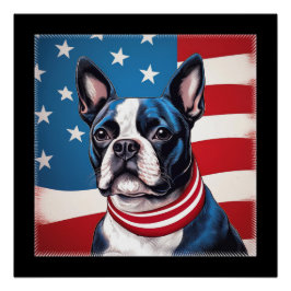 Póster Patriótico Boston Terrier con bandera estadouniden