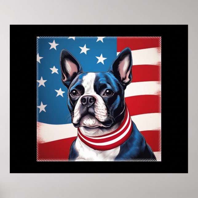 Póster Patriótico Boston Terrier con bandera estadouniden (Frente)