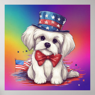 Póster Patriótico perro cachorro blanco del 4 de julio-43