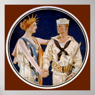 Póster Patriotismo vintage, Lady Liberty con marinero