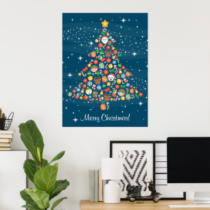 Póster Patrón alegre de árbol de Navidad en azul