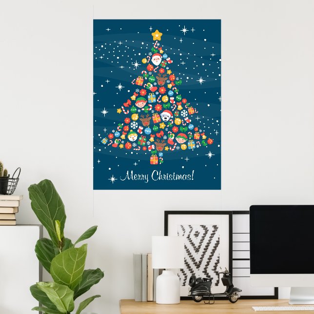 Póster Patrón alegre de árbol de Navidad en azul (Oficina en casa)