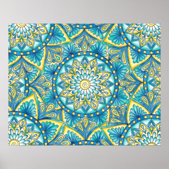 Póster Patrón azul turquesa amarillo Mandala floral (Frente)