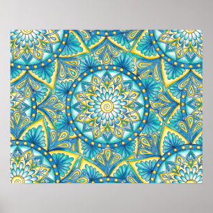 Póster Patrón azul turquesa amarillo Mandala floral