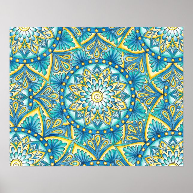 Póster Patrón azul turquesa amarillo Mandala floral (Frente)