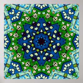 Póster Patrón azul verde retro mosaico de Mandala