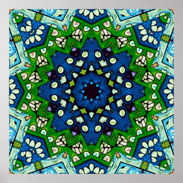 Póster Patrón azul verde retro mosaico de Mandala (Frente)