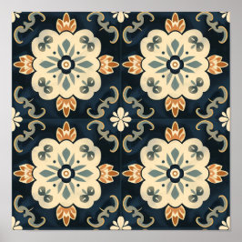 Póster Patrón azul y blanco neo-tradicional de baldosas