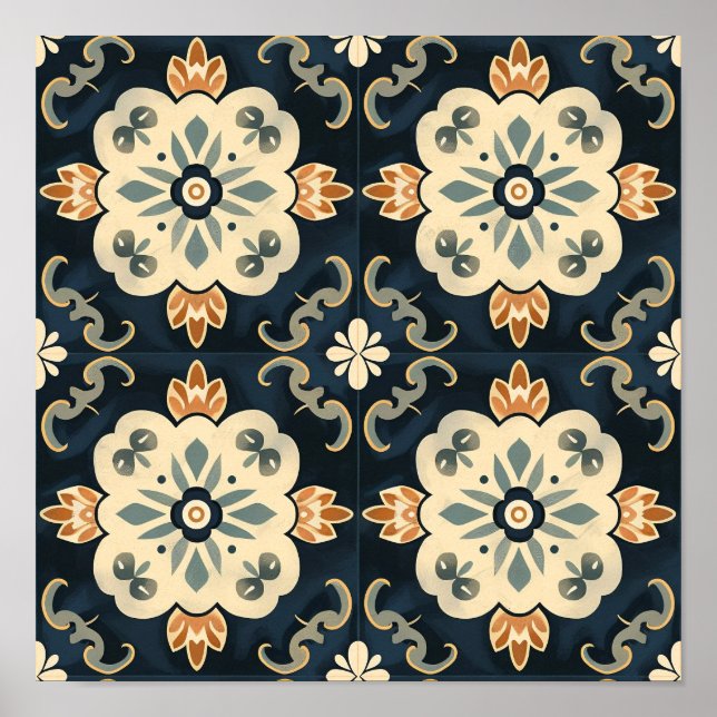 Póster Patrón azul y blanco neo-tradicional de baldosas (Frente)
