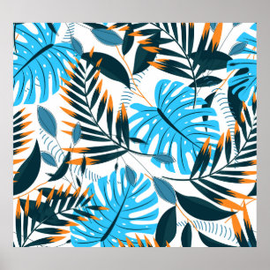 Póster Patrón blanco brillante de hojas tropicales