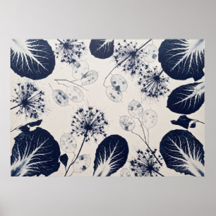 Póster Patrón Botánico de Hoja de Allium Lunaria Índigo