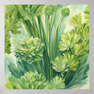 Póster Patrón Botánico Verde Apio Lujurioso