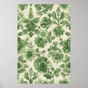 Póster Patrón Botánico Verde de Vintage dibujado a mano