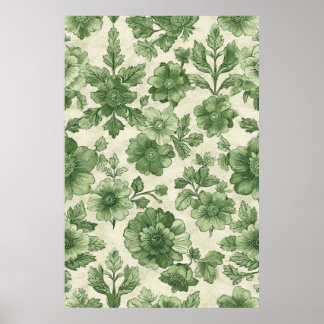 Póster Patrón Botánico Verde de Vintage dibujado a mano