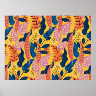 Póster Patrón colorido brillante con hojas tropicales, be